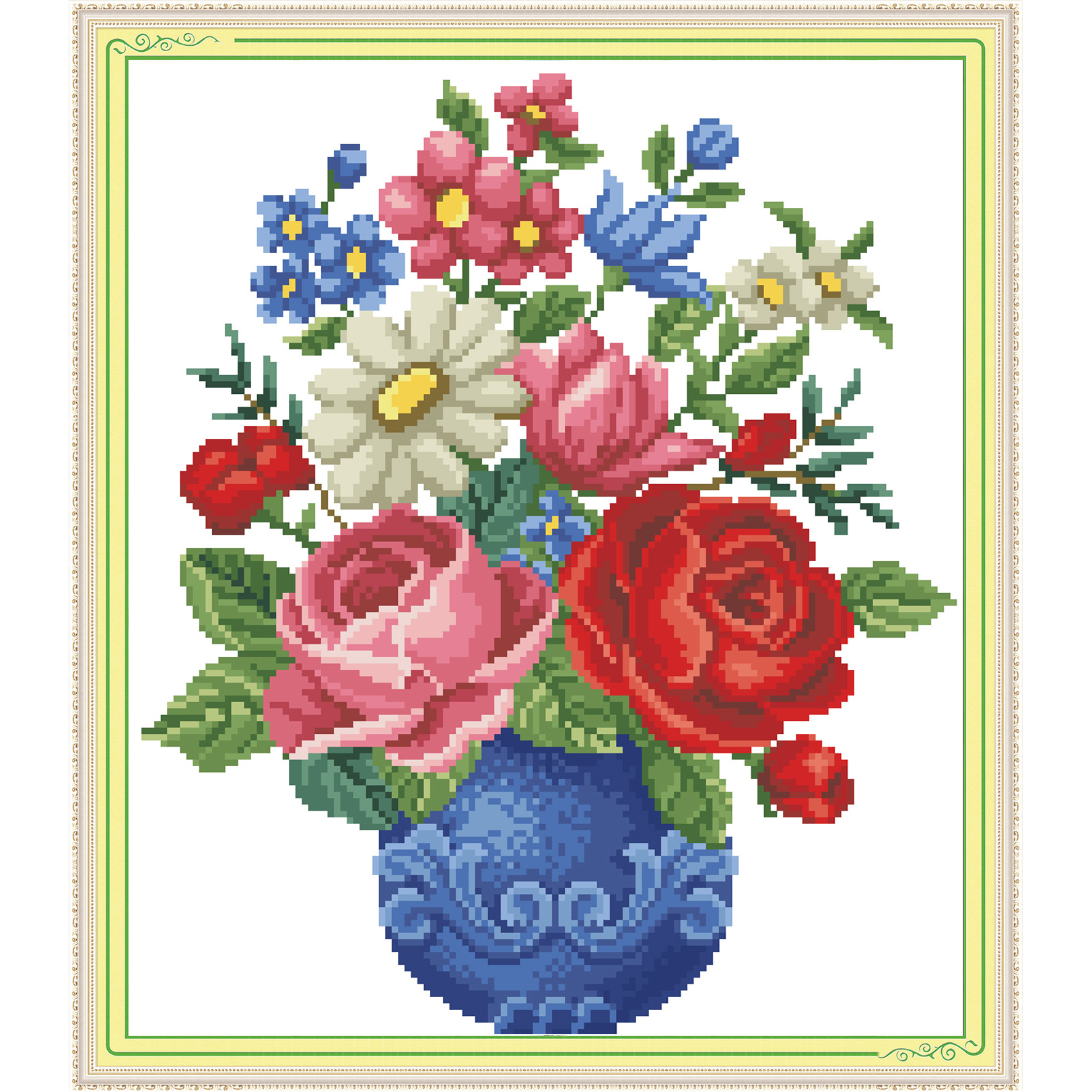 Embroidery Rose Stitch - Blue Bottle And Rose, Cross Stitch