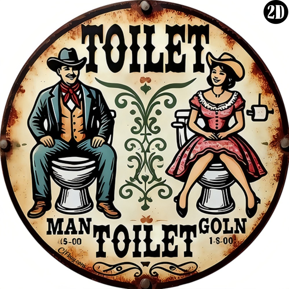 Embroidery Water - Vintage Cowboy Toilet Round Metal Sign,