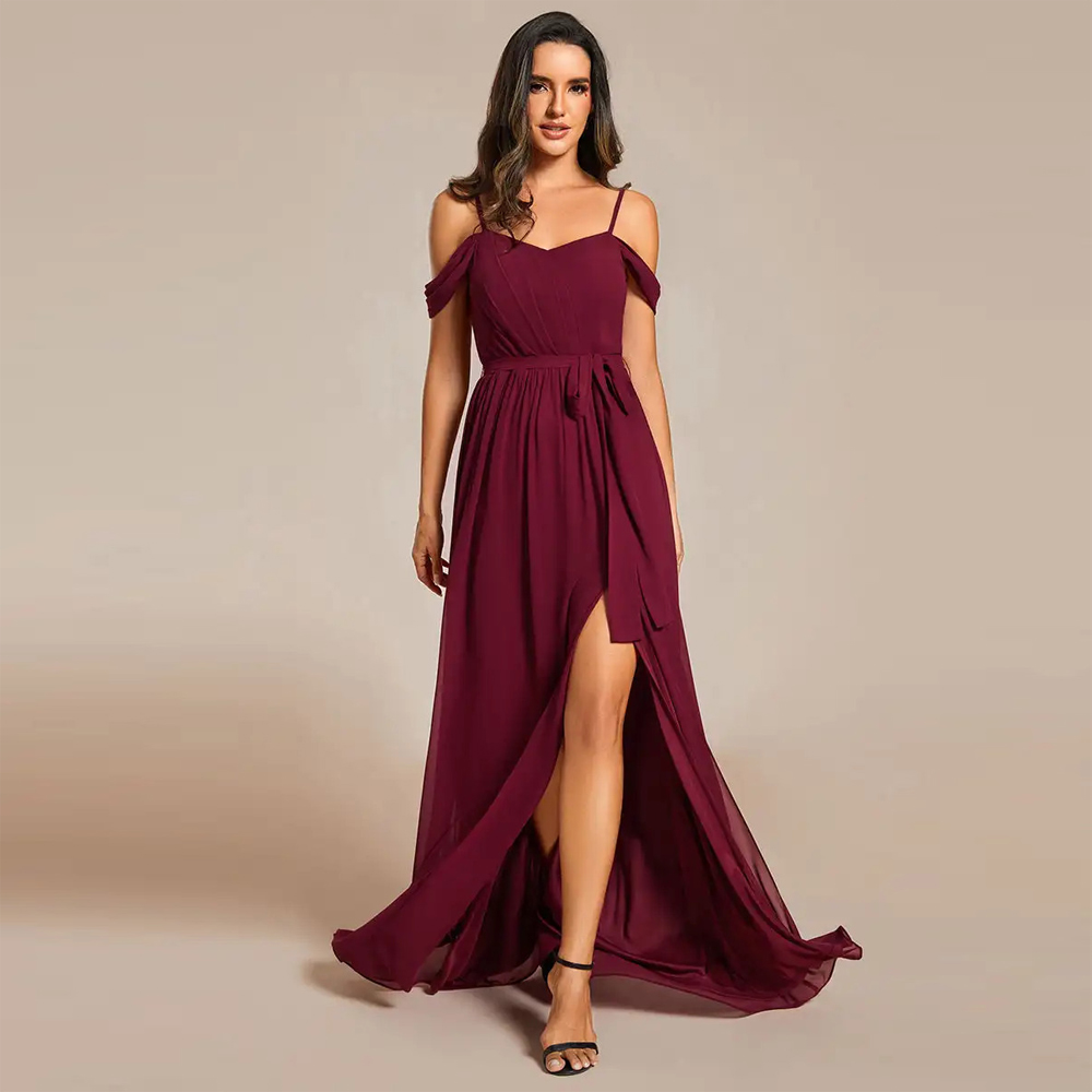 Embroidery Flower Pattern - BAZIIINGAAA Party Dress Chiffon Cold Shoulder
