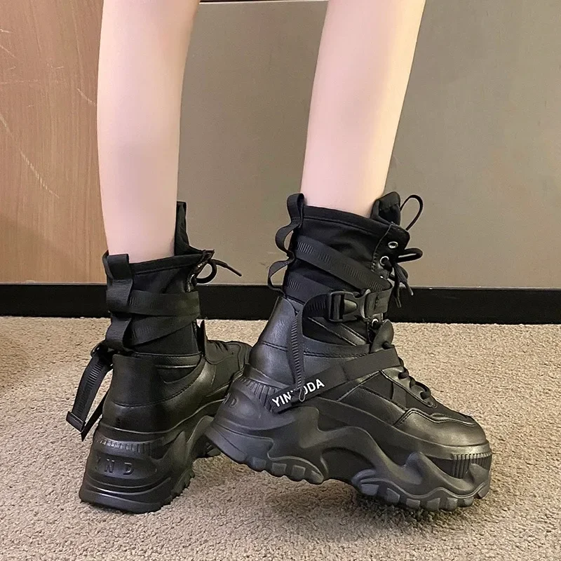 Embroidery White - Fashion Women Chunky Platform Motorcycle Boots