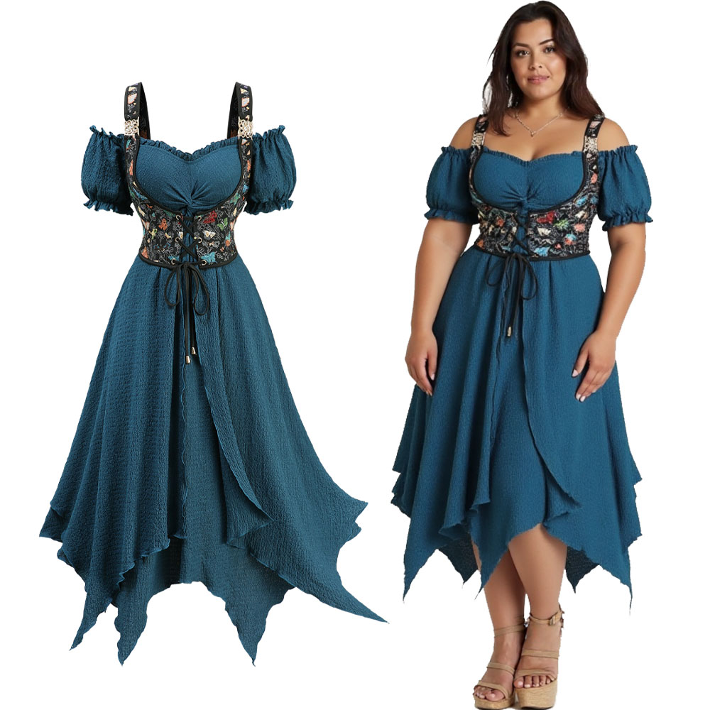 Embroidery Motif - Plus Size Casual Deep Green Dress