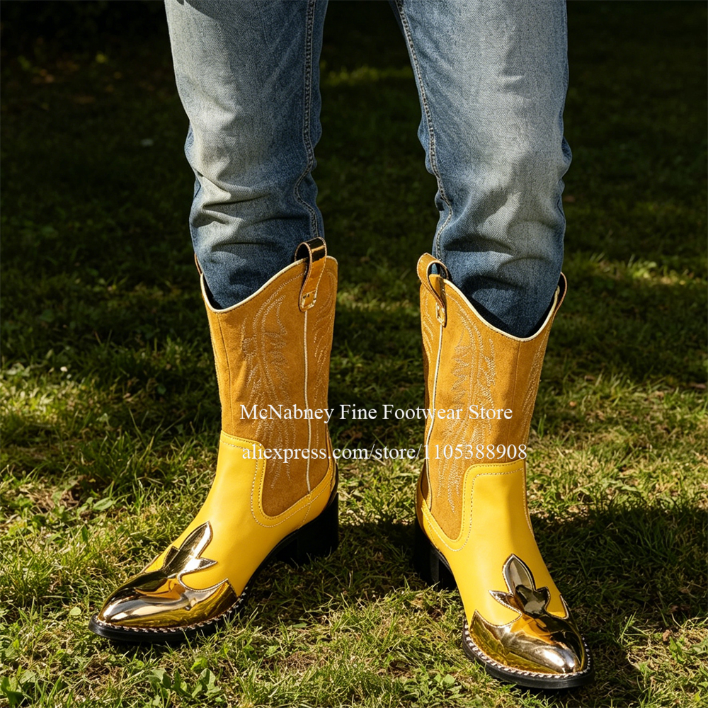 Embroidery Gold - Yellow Gold Metal Toe Suede Western