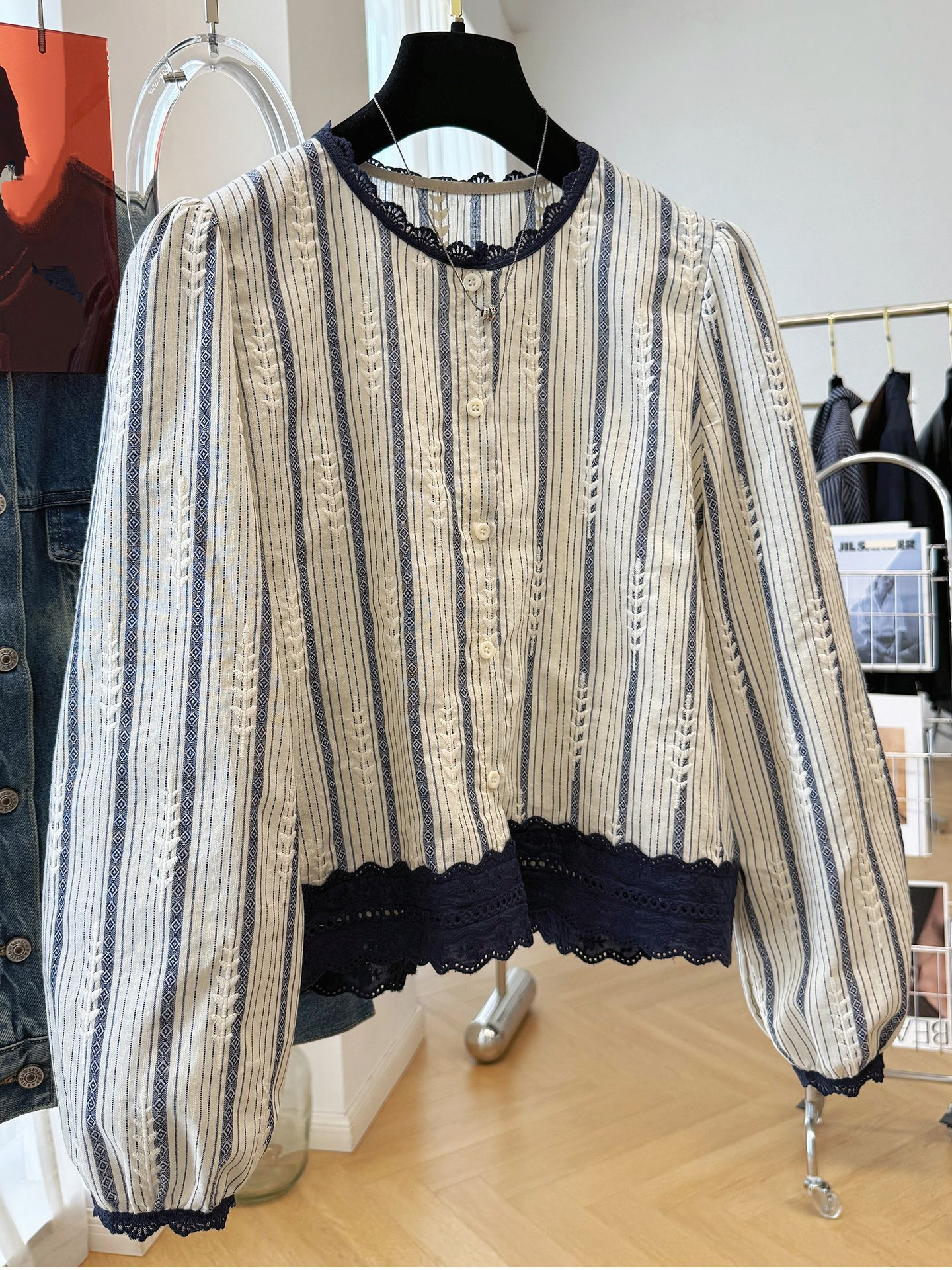 Women's Striped Lace Trim Blou - огляд і ціна Embroidery Shirt
