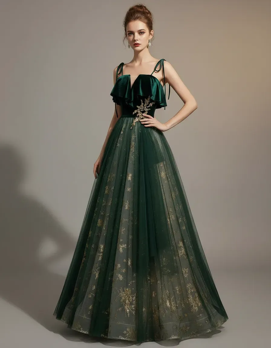 Emerald Green Velvet Top Tulle - огляд і ціна Embroidery Gold