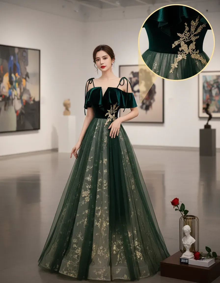 Emerald Green Velvet Top Tulle - огляд і ціна Embroidery Gold