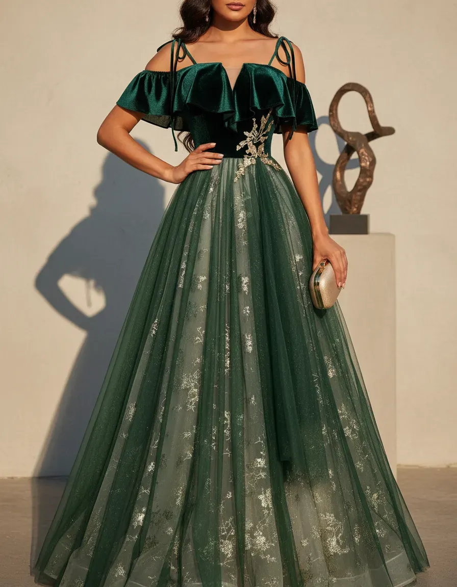 Emerald Green Velvet Top Tulle - огляд і ціна Embroidery Gold